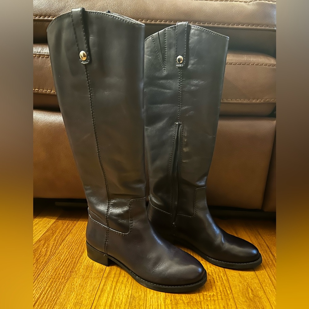 Navy Blue Knee-High Leather Boots